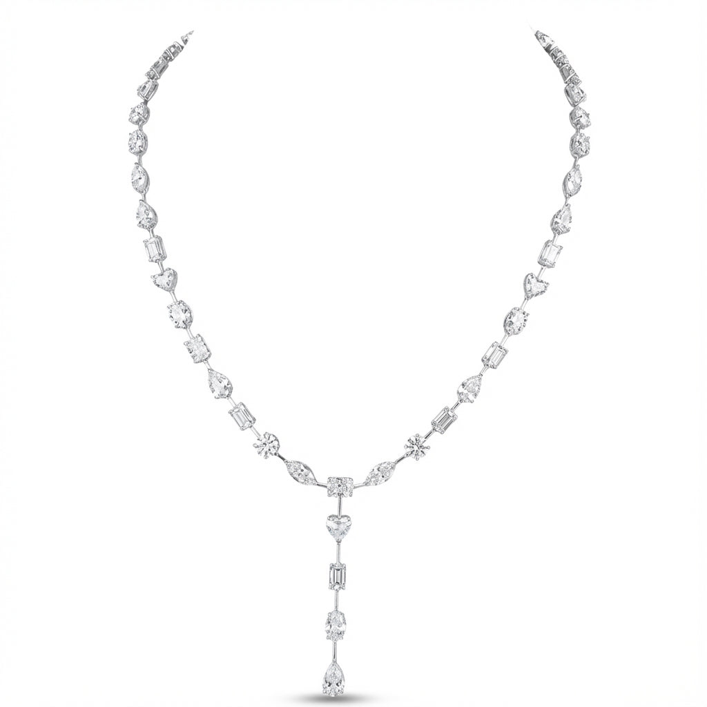 Mixed-Cut Lariat Necklace in 18K white gold, lab-grown diamond