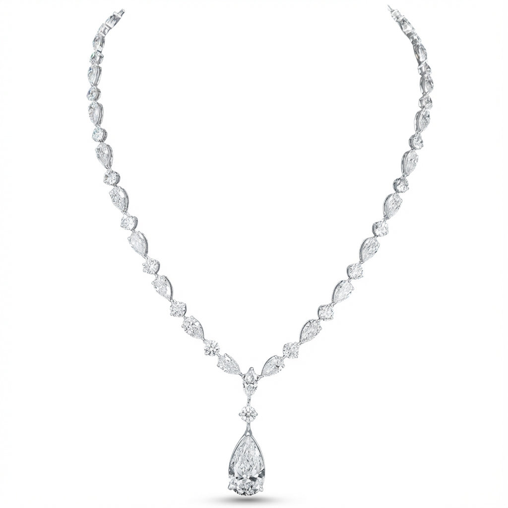 Round and Pear Drop Necklace in 18K white gold, lab-grown diamond