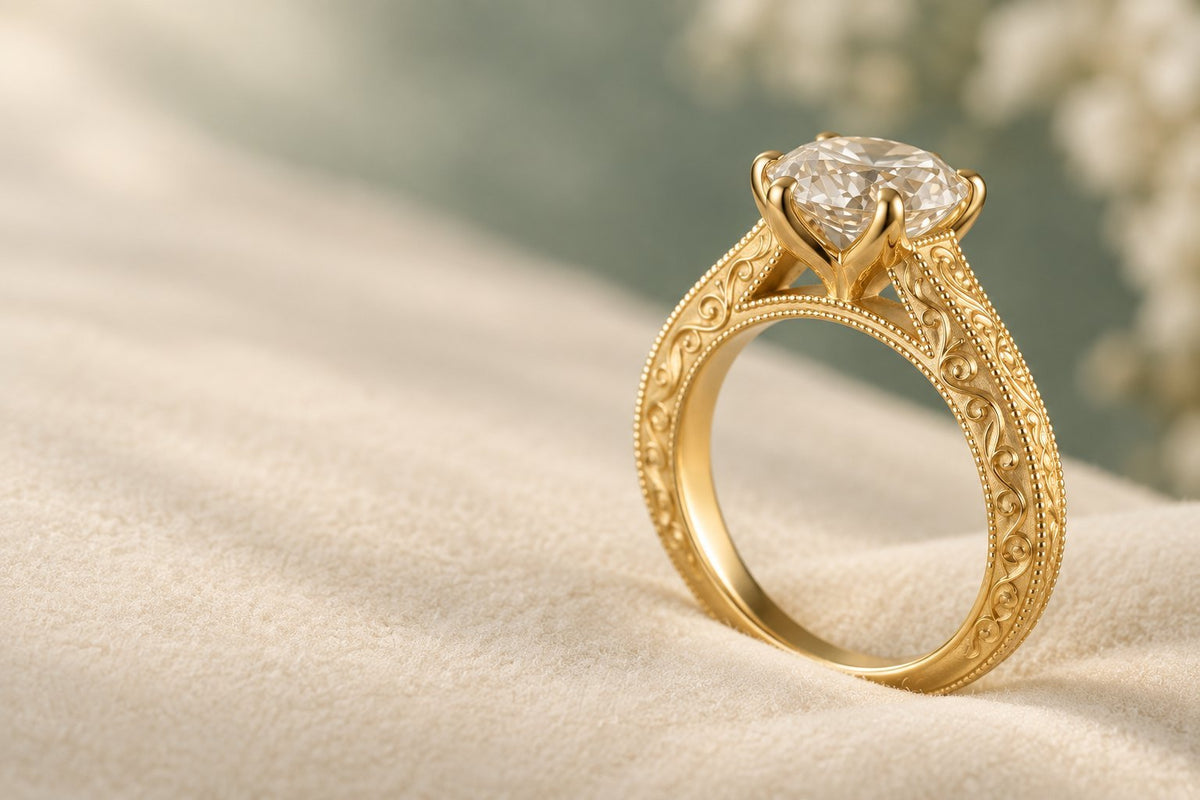 Bespoke engraved 18K yellow gold solitaire ring, side view