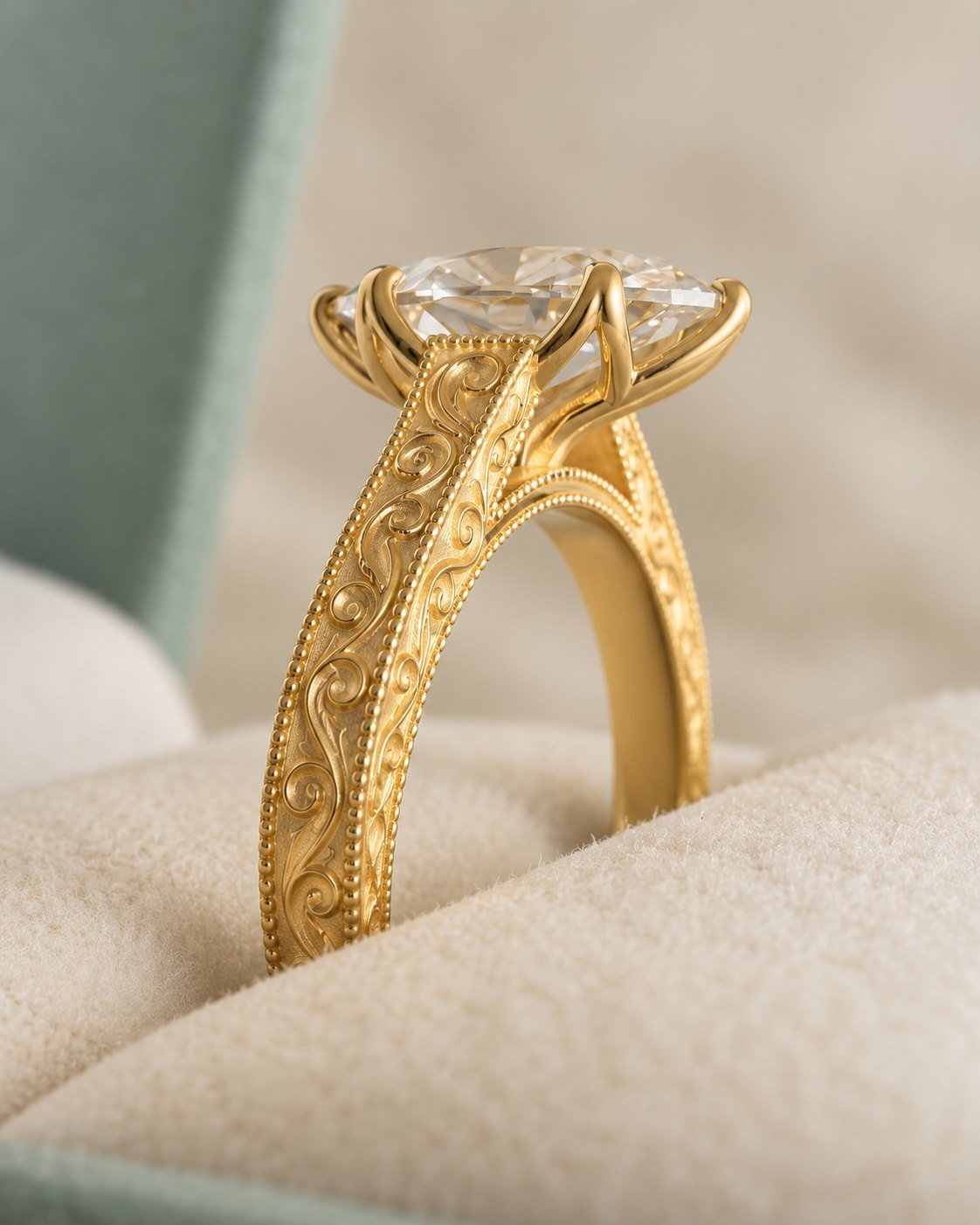 Bespoke engraved 18K yellow gold solitaire ring in its box
