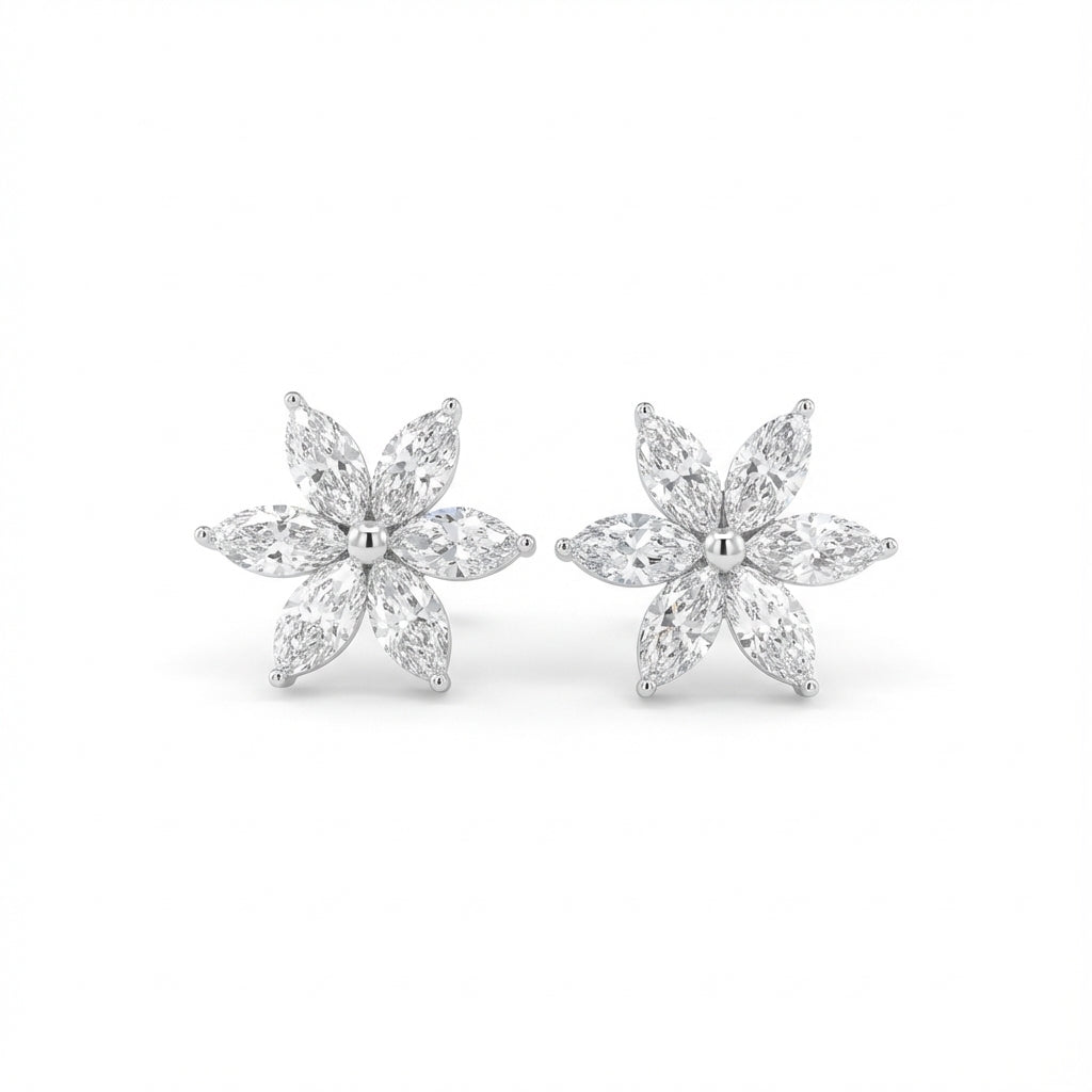 Floral Marquise Diamond Stud Earrings in 18K white gold, lab-grown diamond