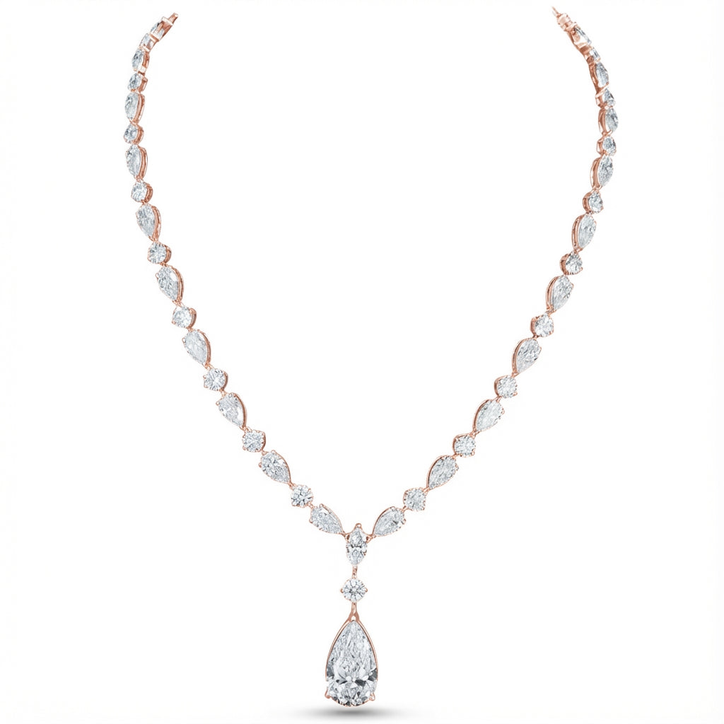 Round and Pear Drop Necklace in 18K rose gold, lab-grown diamond