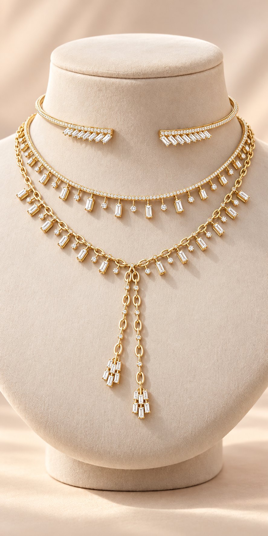 Bespoke layered baguette diamond necklaces in 18K yellow gold