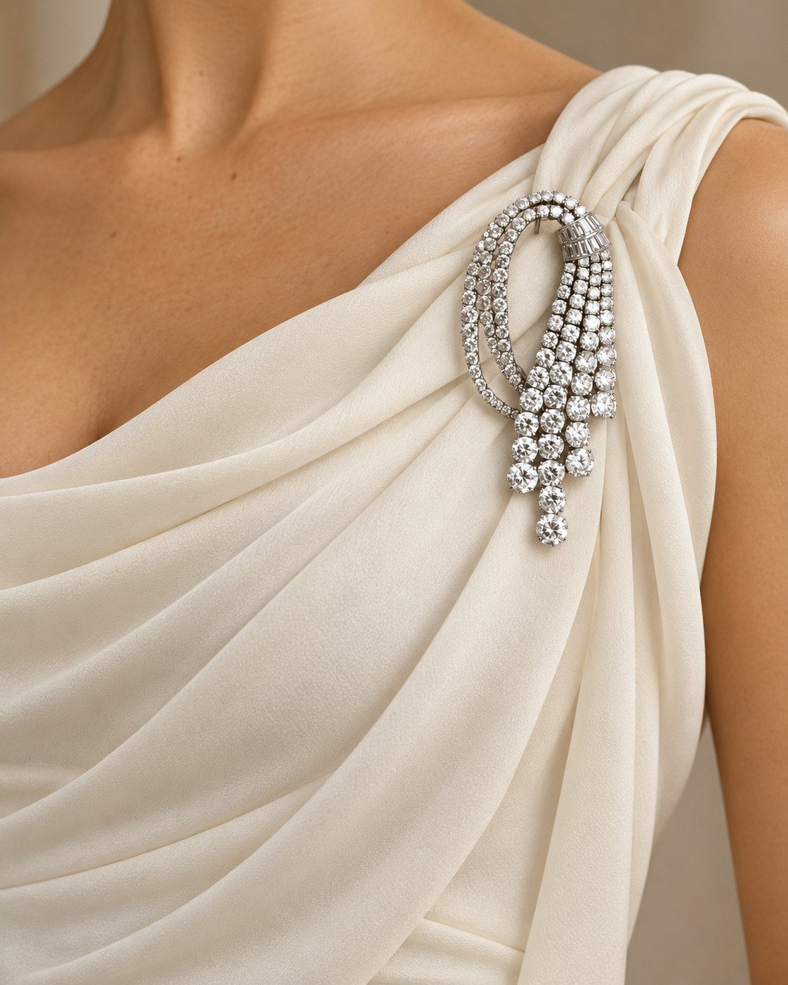 Bespoke diamond cascade brooch worn on a draped dress