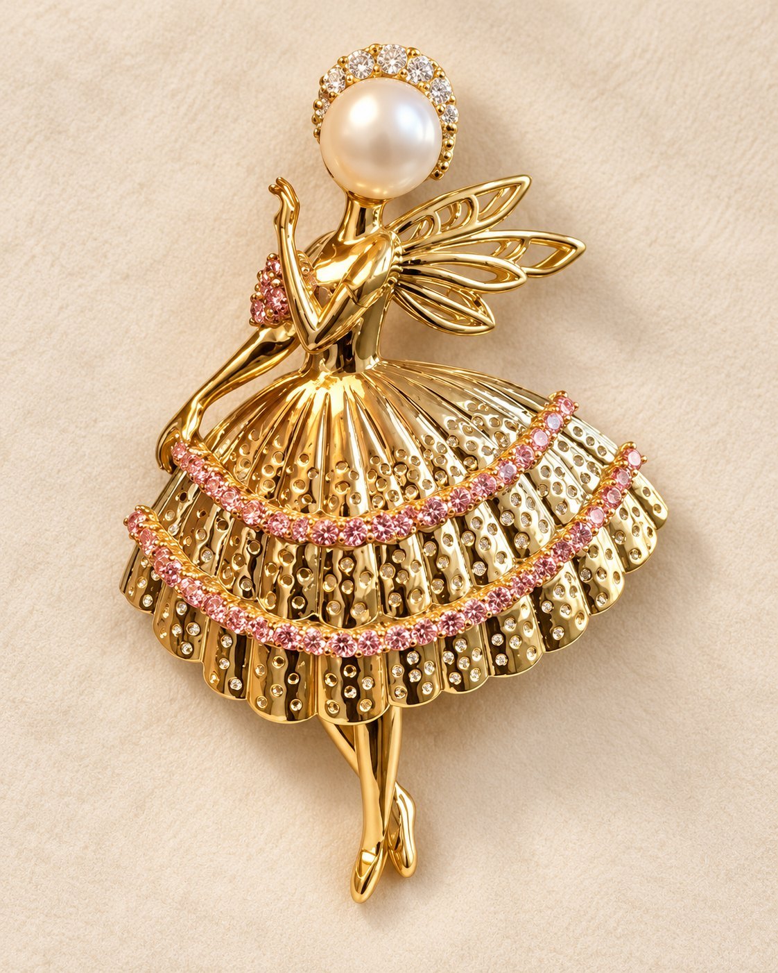 Bespoke ballerina brooch with pearl and pink stones in 18K yellow gold