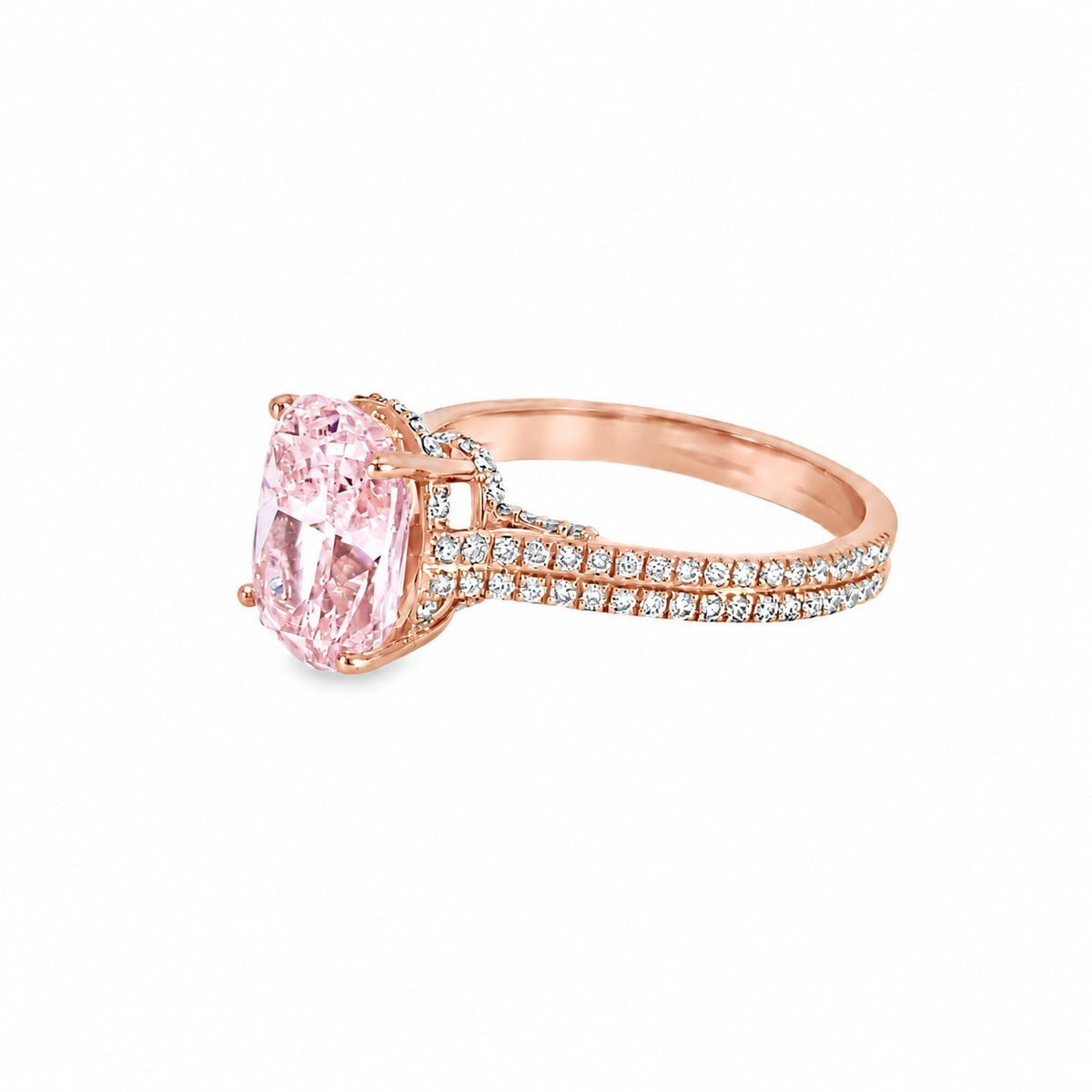 Bespoke pink oval diamond ring with pavé band in 18K rose gold