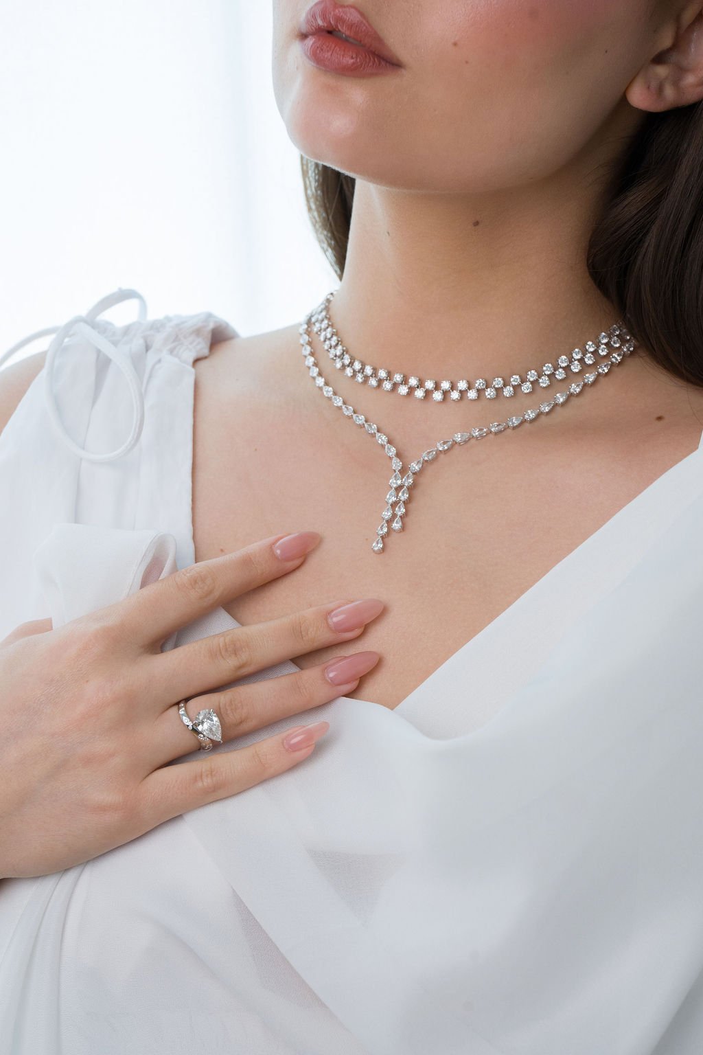 Stellar Gems bespoke lab-grown diamond necklace commission, worn close