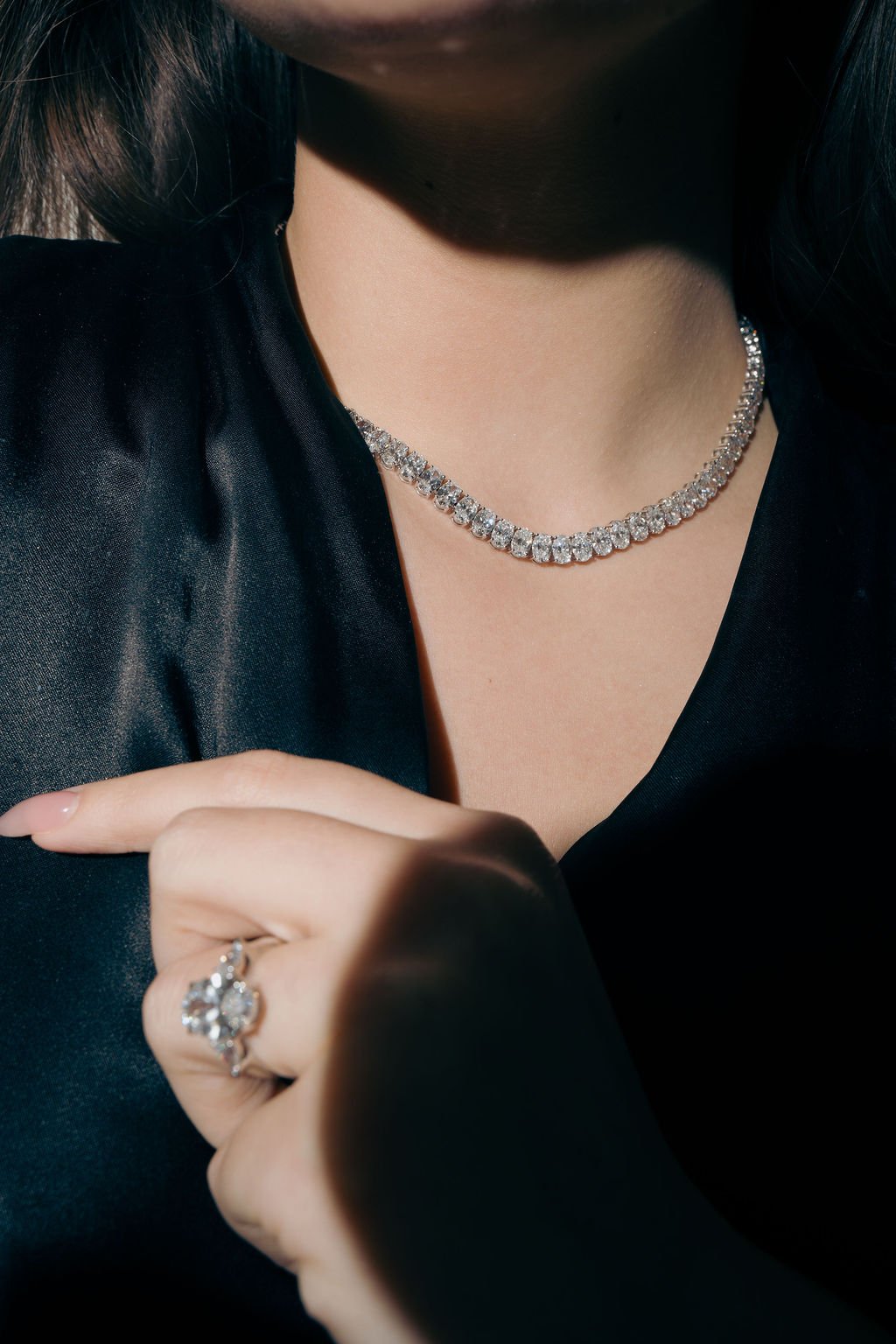 Stellar Gems bespoke lab-grown diamond necklace and ring commission, black satin